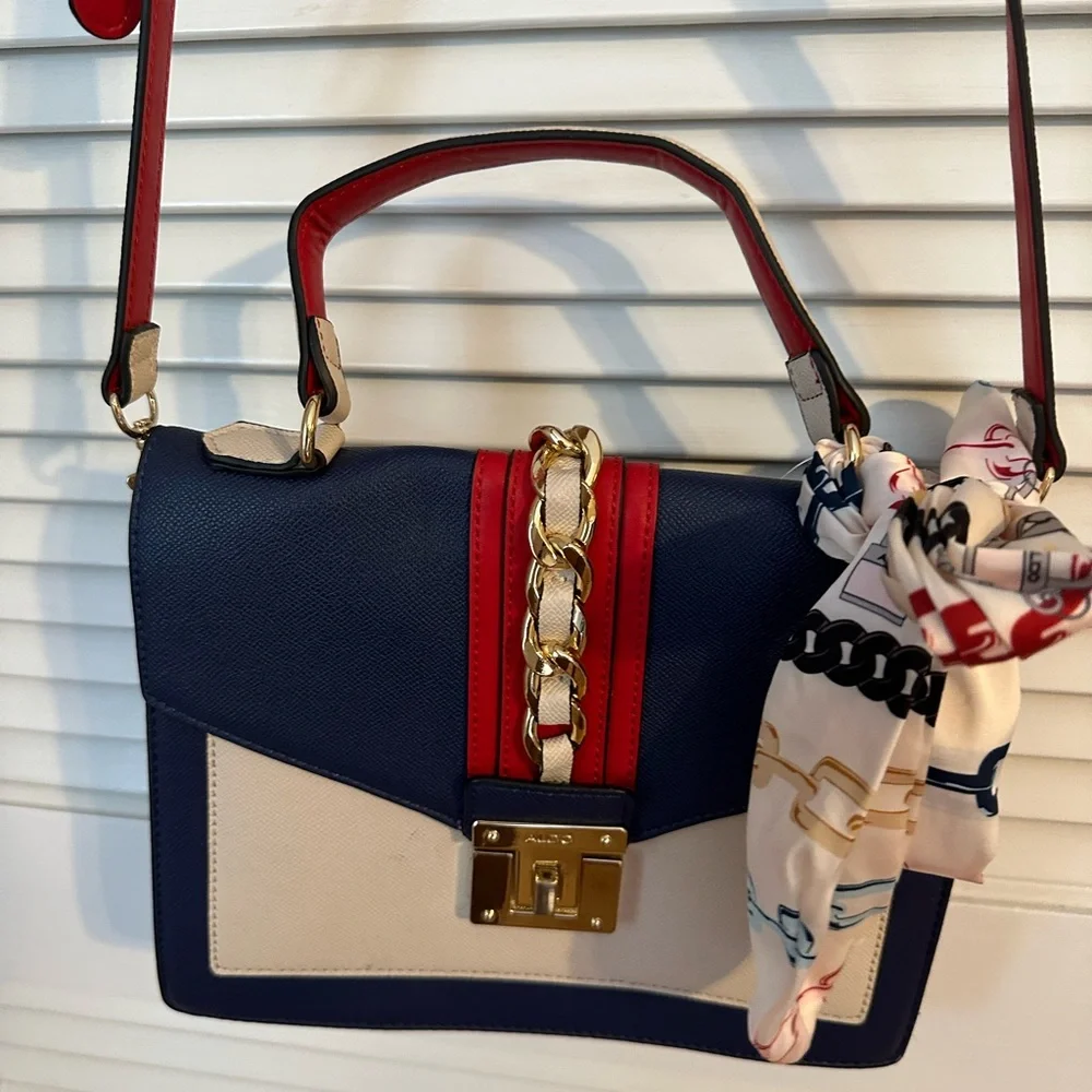 Aldo red blue white bag purse with scarf crossbody - Picture 4 of 7